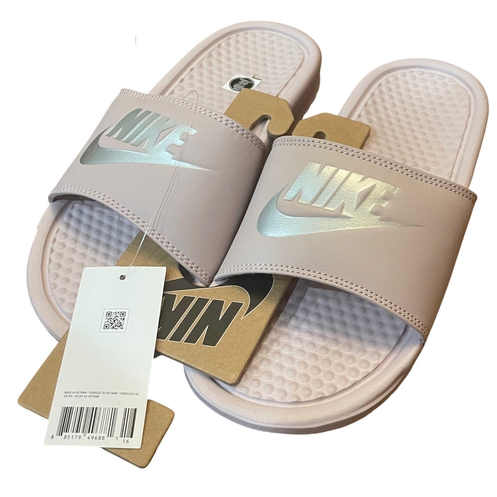 Nike Benassi JDI Slides Women Particle Rose Metallic Silver 343881-614 Size 6